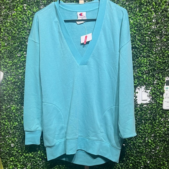 Champion Sweaters - Champion Long Sleeve V-Neck French Terry Pullover Teal Blue XS oversized